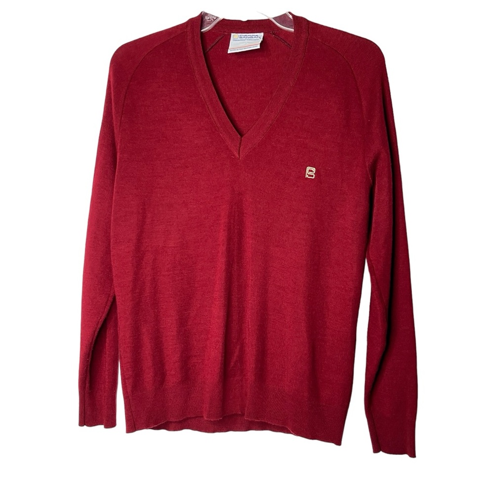 Vintage Pierre Sangan‎ Mens UK Medium Pullover Sweater Maroon Long Sleeve V Neck